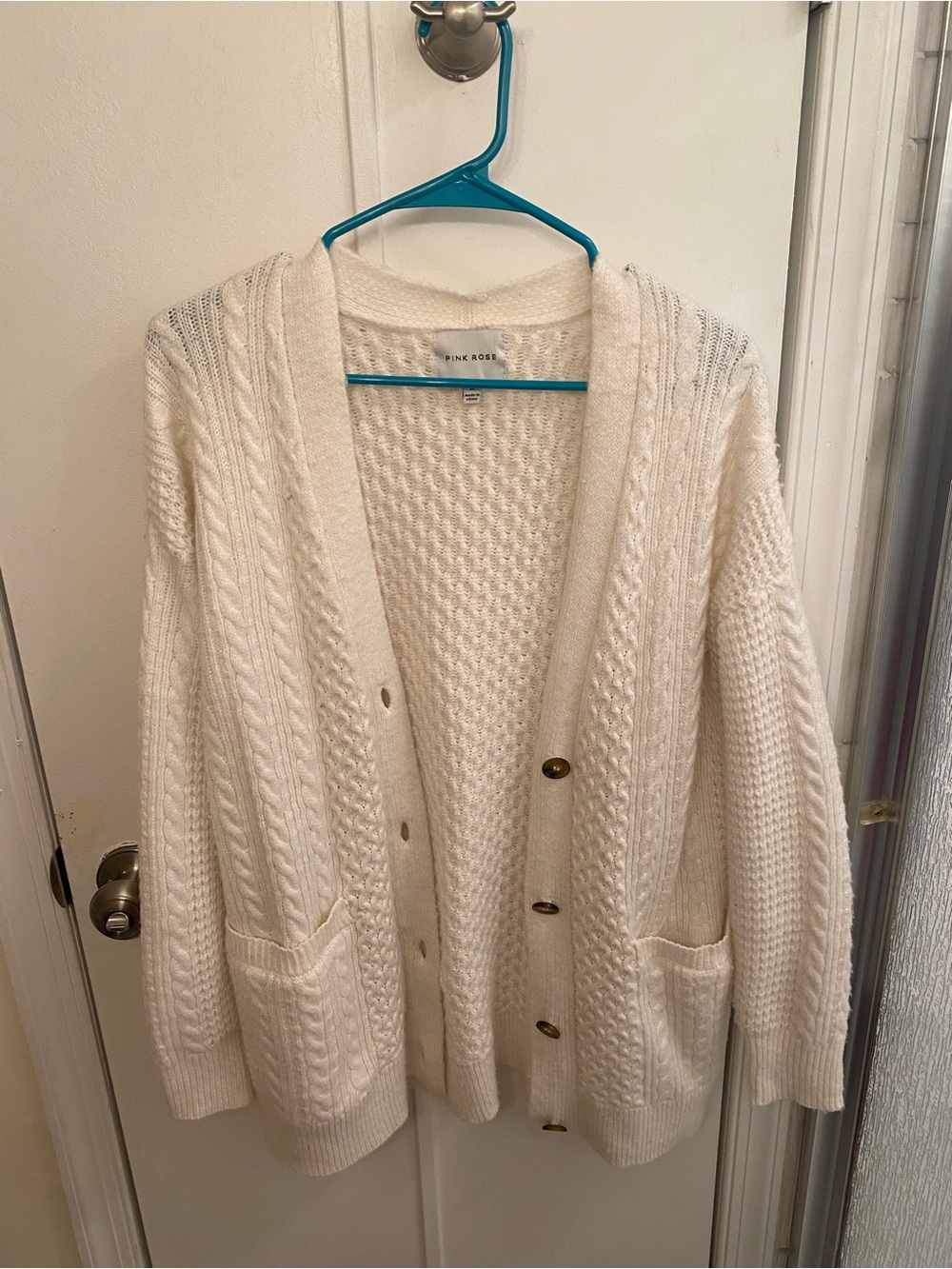 Pink Rose Off-White Cable Knit Button-Front Cardigan